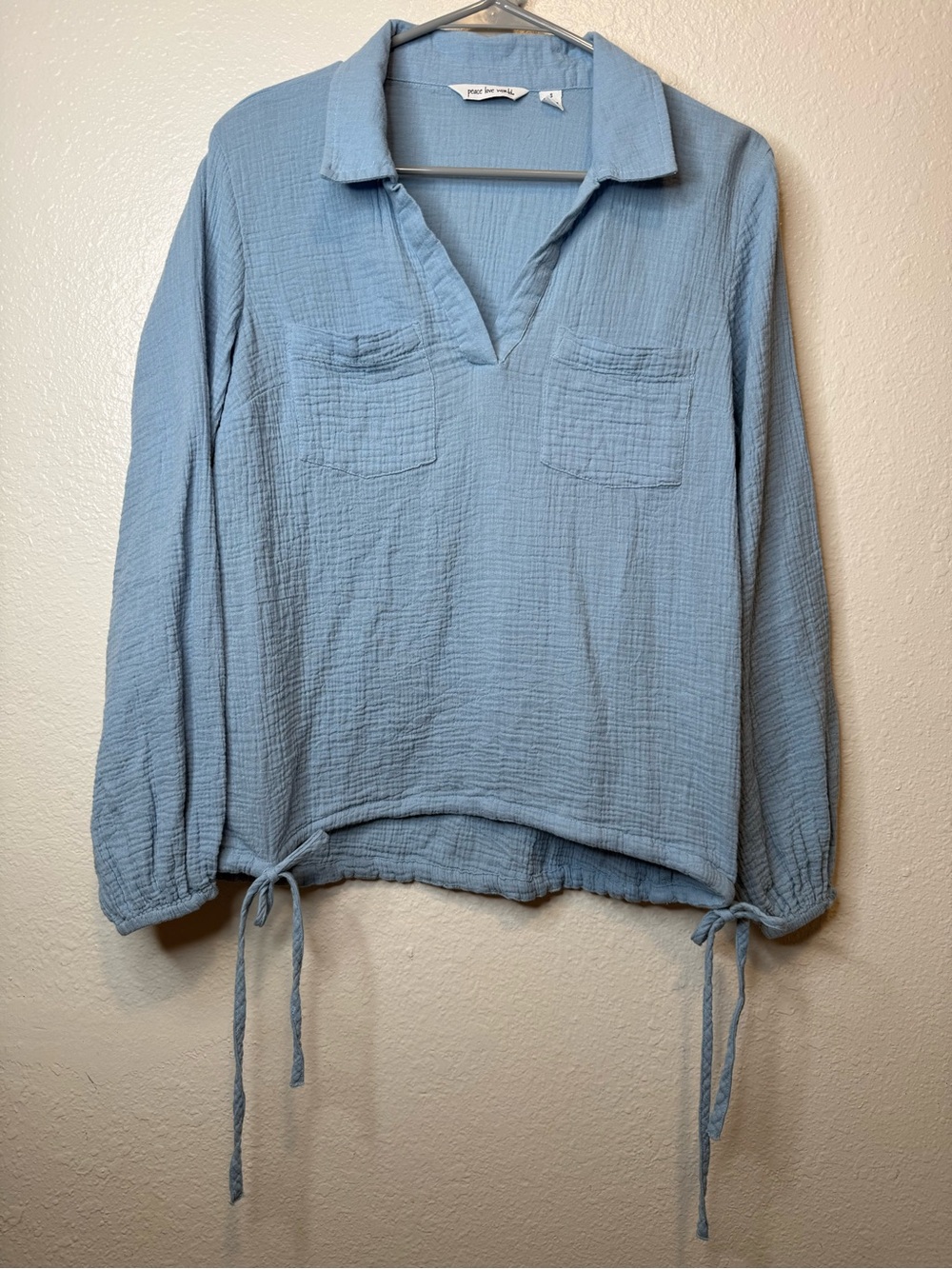 Peace Love World Light Blue Cotton Gauze Drawstring Long Sleeve Top Size S Boho